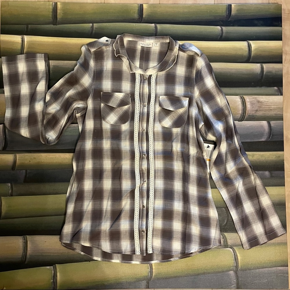 Sanctuary-Button Down Gray & White Plaid Blouse Small NWT!